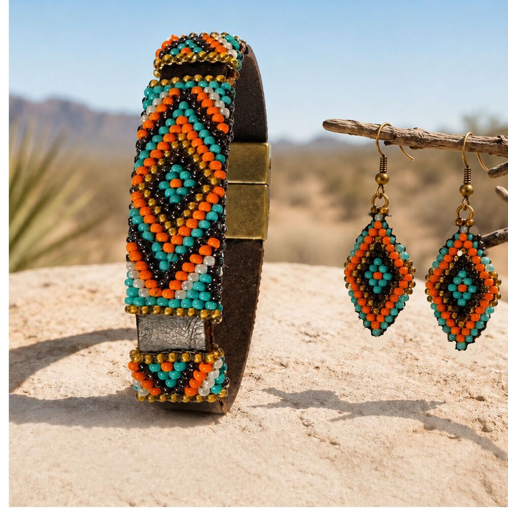 Southwestern Leather Beaded Leather Bracelet Wristband Cuff
